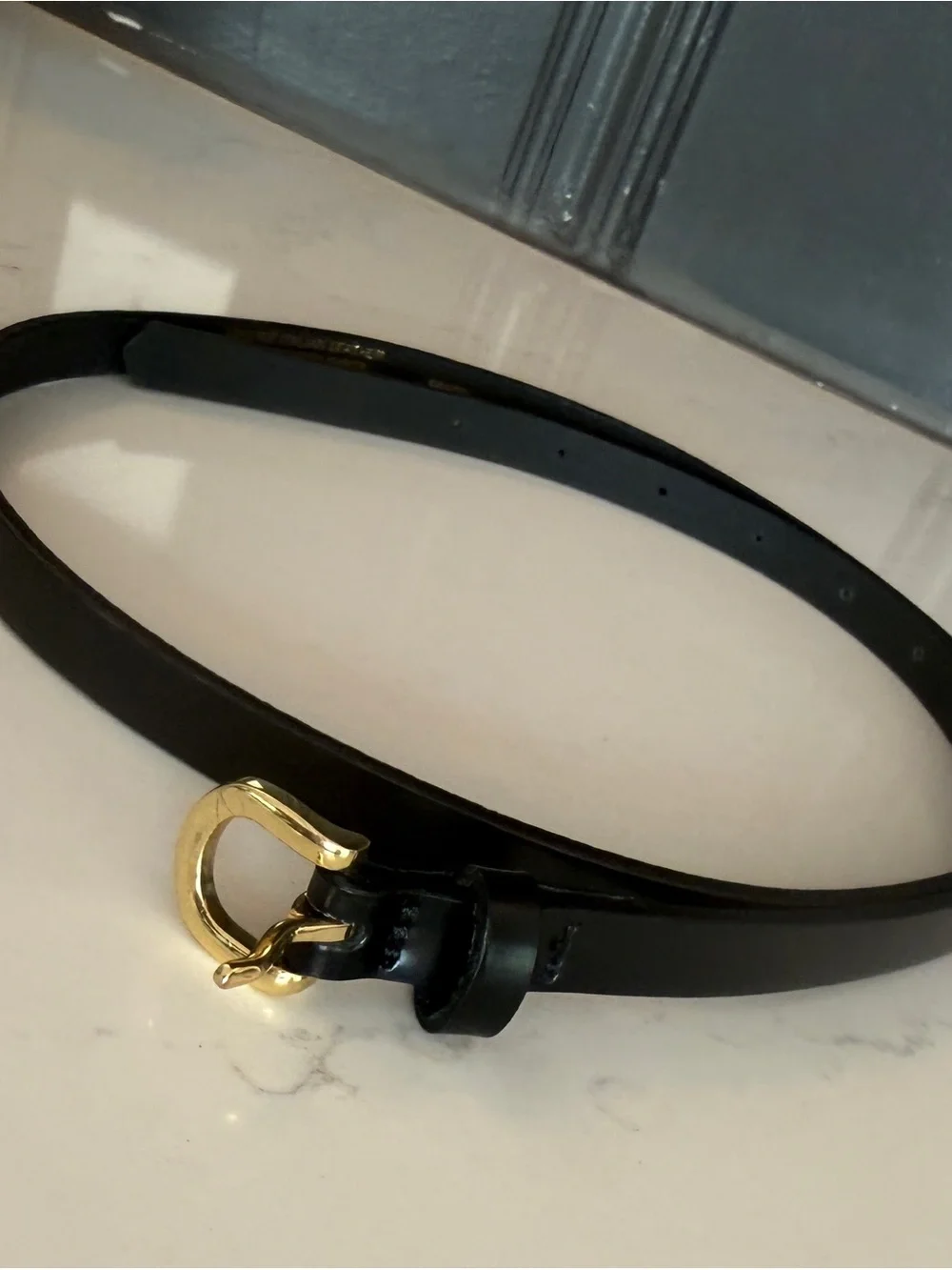 J.Crew Skinny Italian Leather Belt Black Gold Buckle Medium - Picture 5 of 9